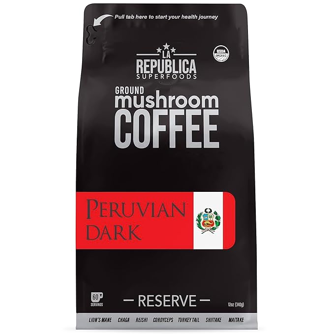 La Republica Peruvian Dark Reserve Coffee Ground for Espresso Maker (Lion's Mane Reishi Chaga Dark Roast 60 Servings)