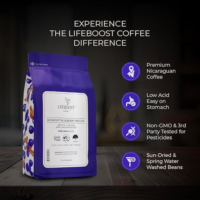 Lifeboost Midnight Blueberry Mocha Whole Bean Coffee - Non-GMO Wild Blueberry Low Acid Single Origin Coffee Beans - Third Party Tested For Mycotoxins &amp Pesticides - 12 Ounces