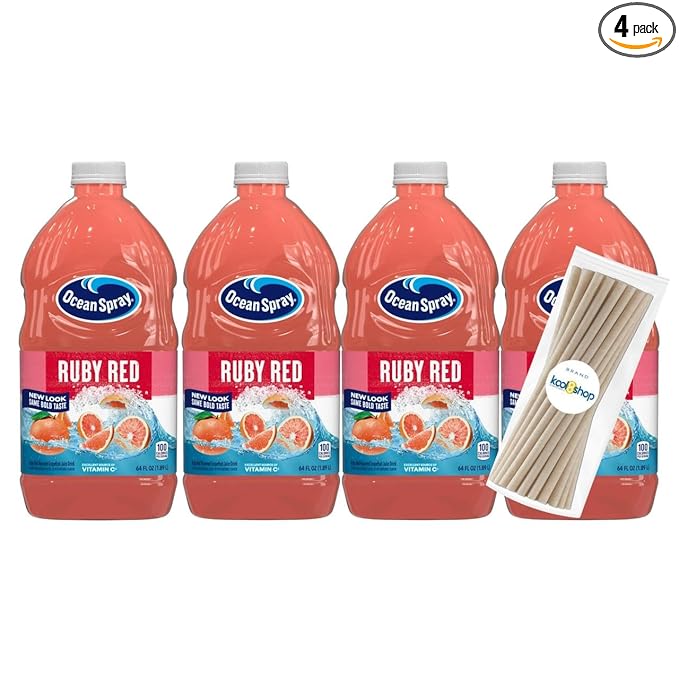 Ocean Spray Ruby Red Juice Drink 64 fl oz Plastic Bottle 4 Pack + 15 Sugarcane Disposable Straws by KOOL8SHOP Infinite Deals
