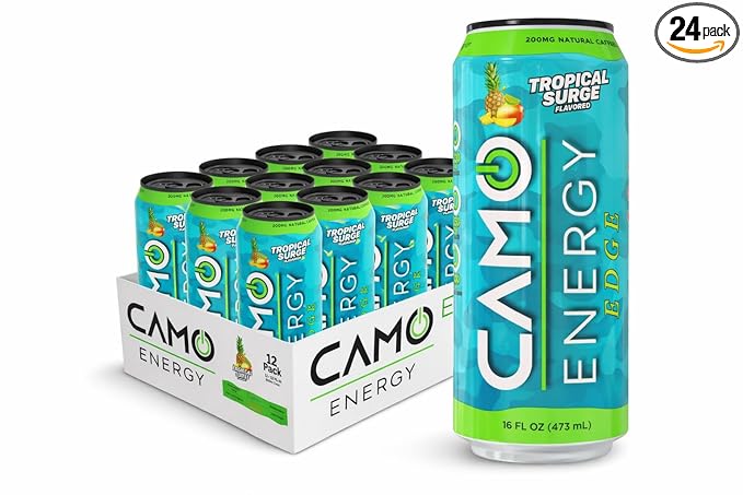 CAMO Energy Edge Tropical Surge Energy Drink 16oz Cans 24 Pack Ultra Premium Caffeine Blend with Infinergy® DiCaffeine Malate Cognizin® Citicoline for Cognitive Fitness Zero Sugar