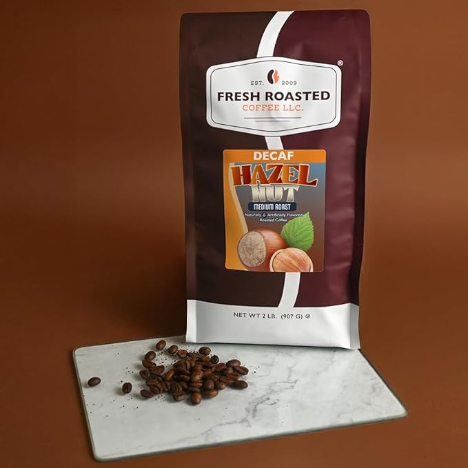 Fresh Roasted Coffee Decaf Hazelnut Flavored Coffee 2 lb (32 oz) Medium Roast Kosher Whole Bean