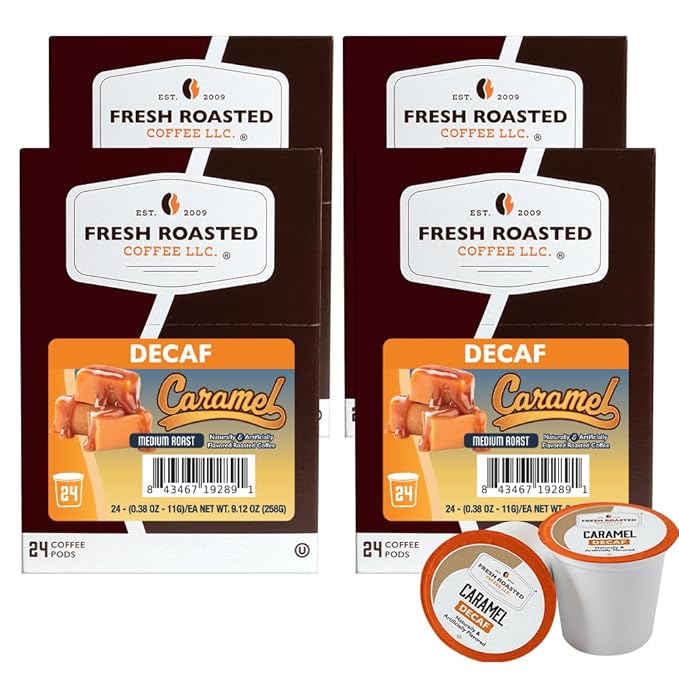 Fresh Roasted Coffee Decaf Caramel Flavored Coffee Pods K-Cup Compatible 96 Count