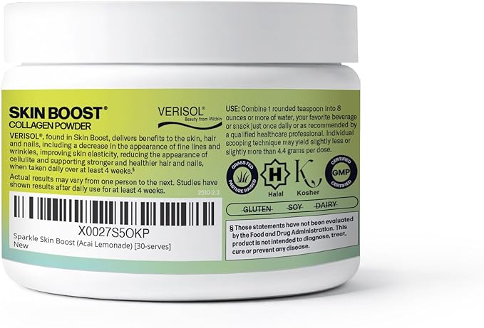 Sparkle Wellness VERISOL Bioactive Hydrolyzed Collagen Peptides | Collagen Powder Supplement with Vitamin C for Skin Hair &amp Nail Health | Skin Boost (Acai Lemonade) [30-Serves]