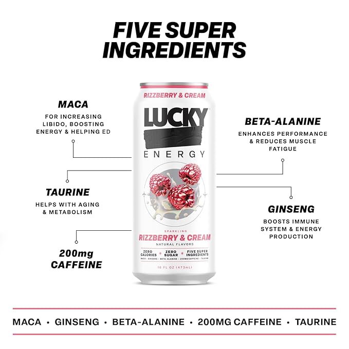 Lucky Energy Sugar Free Energy Drinks Rizzberry and Cream 16oz Cans (12-Pack) Healthy Zero Sugar Energy Drink with Maca Ginseng Beta-Alanine Taurine &amp 200mg Caffeine