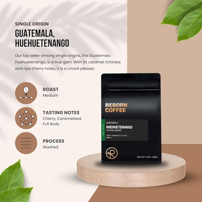Reborn Coffee Specialty Whole Bean Coffee Medium Roast 12 Ounce Guatemala Huehuetenango Flavor Notes of Cherry Caramelized and Full Body