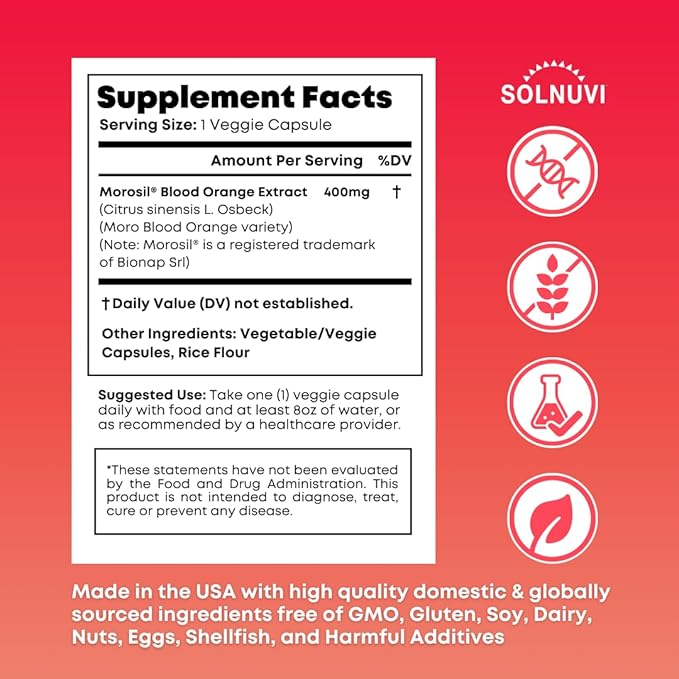 Morosil Clinically Tested C3G Supplement - Metabolism Antioxidant Wellness Support for Men &amp Women - 400mg Moro Red Orange Extract - 60 Veggie Capsules - Non-GMO Gluten-Free Vegan-Friendly