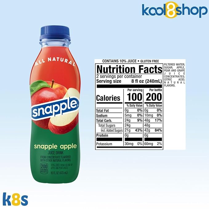 Snapple Apple All Natural Fruit Juice 16 fl oz Plastic Bottles 16 Pack + 15 Sugarcane Disposable Straws by KOOL8SHOP Infinite Deals