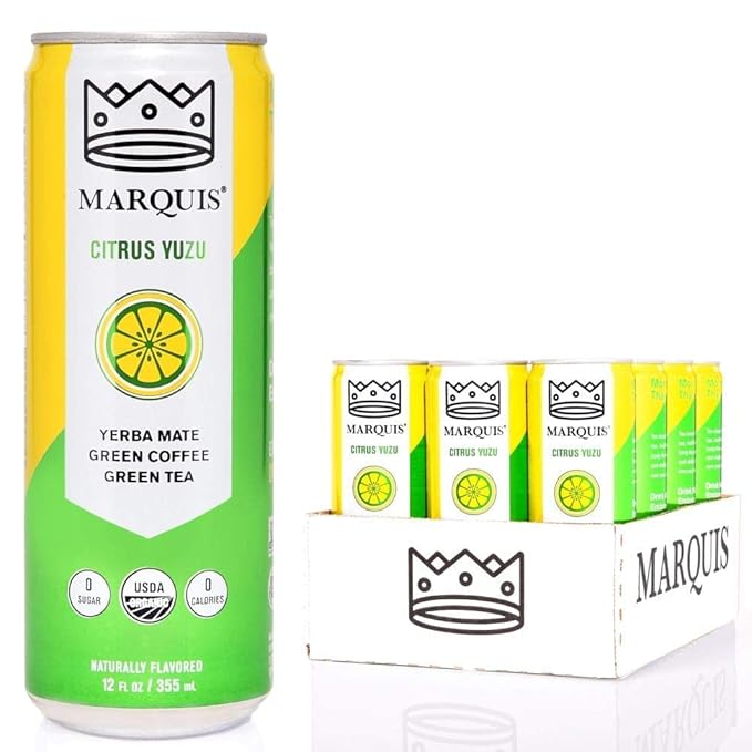 Organic Green Tea + Yerba Mate Drink by Marquis |Antioxidant Infused Sparkling Beverage | Zero Sugars Zero Calories | Citrus Yuzu Flavor Super Tea | Pack of 12 (12 oz Cans)