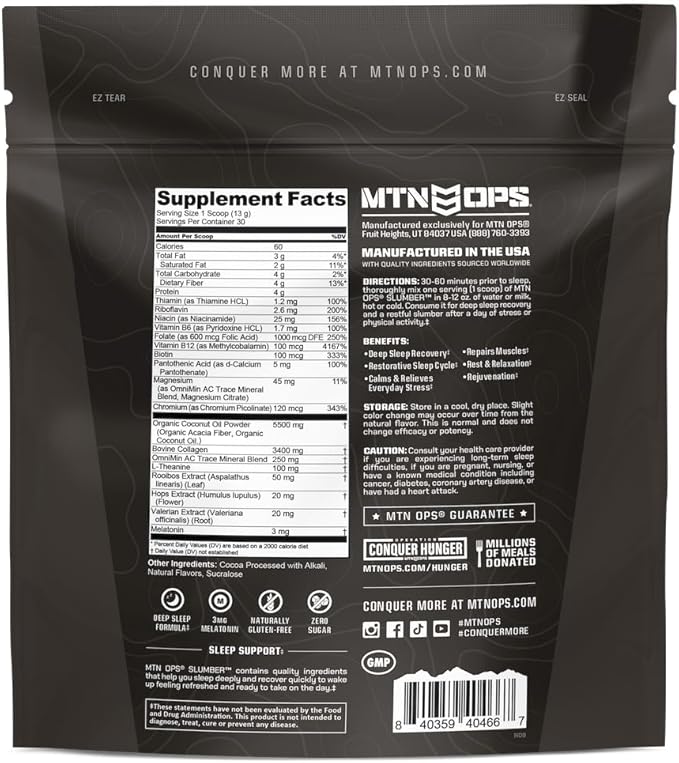 MTN OPS Slumber Sleep Aid for Muscle Recovery &amp Deep Sleep Sleepy Cocoa Sleep Support Powder Drink Mix 30 Servings