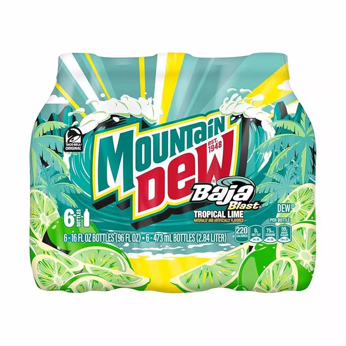 Mountain Dew Baja Blast Flavored Soda Drink Tropical Lime (Pack of 6-16 Oz Bottles)