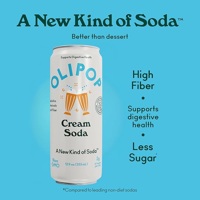 OLIPOP Prebiotic Soda Pop Cream Soda Pantry Pack Packed with Prebiotics Fiber and Botanicals Gluten Free GMO Free 12oz Skinny (12-Cans)