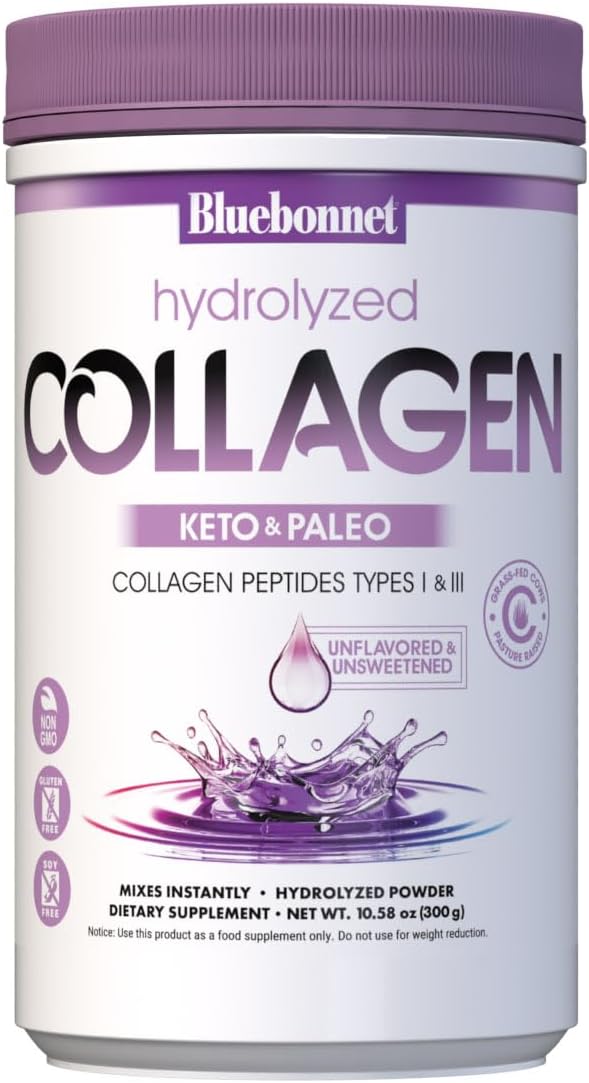 BlueBonnet Nutrition Hydrolyzed Collagen Powder Supports Hair Skin and Nails* Soy-Free Gluten-Free Non-GMO Grass-fed Cows Pasture Raised 10.58 oz 25 Servings Unflavored Unsweetened