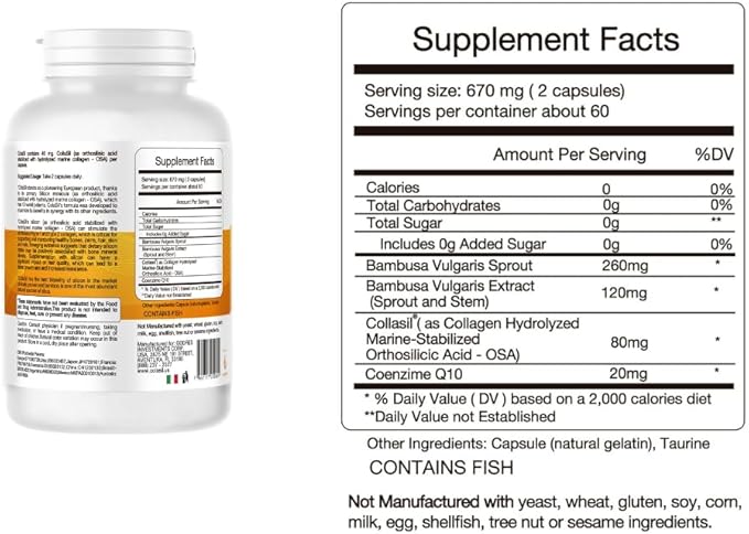 Colasil Collagen Booster Capsules – Organic Silica (OSA) + Hydrolyzed Collagen Generator for Hair Skin Nails Bones &amp Joints – High Absorption Non-GMO Allergen-Free 120 Capsules (60-Day Suppl