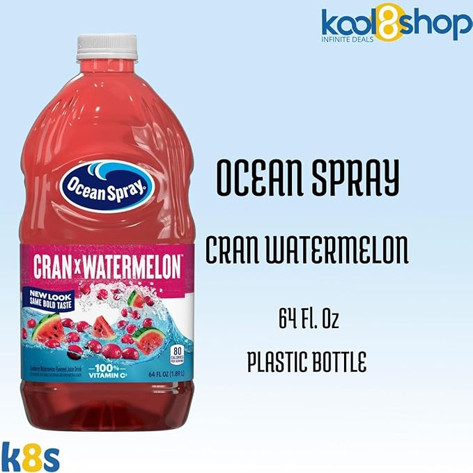 Ocean Spray Cran Watermelon Fruit Juice Drink 64 fl oz Plastic Bottle 4 Pack + 15 Sugarcane Disposable Straws by KOOL8SHOP Infinite Deals