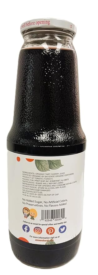 Anna and Sarah 33.8 Oz Organic Tart Cherry Juice - USDA Organic Certified - Glass Bottle (4 Pack) No Sugar Added No Artificial Colors No Preservatives No Flavors AddedNOT from Concentrate