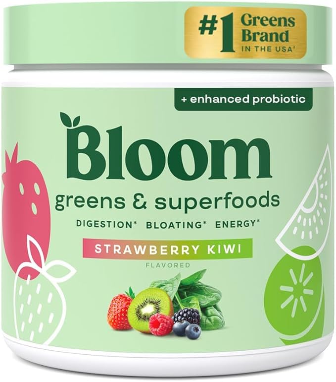Bloom Nutrition Greens and Superfoods Powder for Digestive Health Greens Powder Digestive Enzymes Probiotics Spirulina Chlorella for Bloating &amp Gut Support Green Juice 30 SVG Strawberry Ki