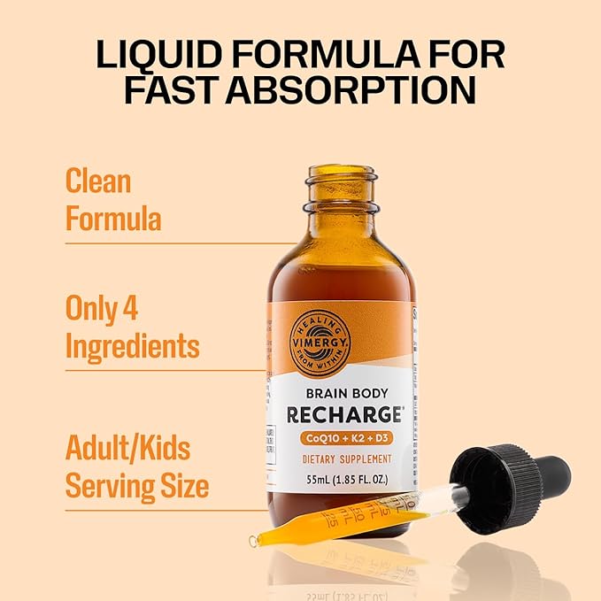 VIMERGY Brain Body Recharge* - W/Vitamin D3 K2 &amp CoQ10 – Boosts Cellular Energy – Fortifies Blood Vessels and Bones – Defends Against Free radicals – Vegan and Gluten Free – 55mL
