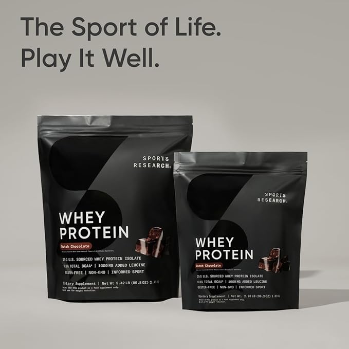 Sports Research Whey Protein Isolate - Sports Nutrition Protein Powder 25g per Serving - 2.27lb Bag Whey Protein - Dutch Chocolate Bulk Protein Powder 25 Servings