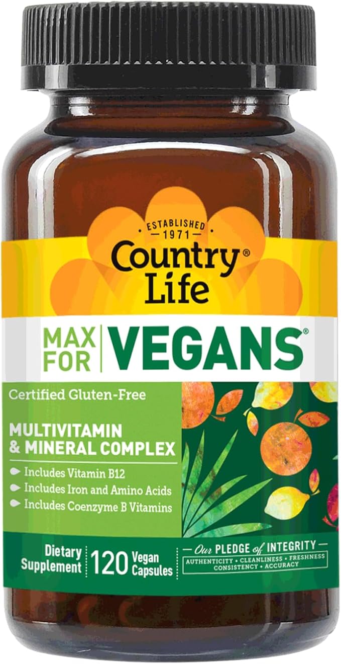 Country Life Max for Vegans - 120 Vegan Capsules - Daily Multivitamins - Immune Support Supplement - Contains Vitamin B12 Iron Amino Acids Coenzyme B Vitamins - Gluten-Free