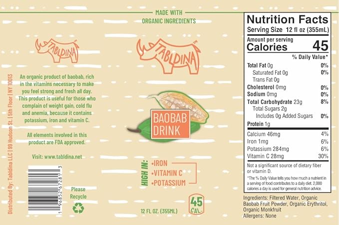 Baobab Drink Organic with Iron Vitamin C and Potassium 12 fl oz 45 Calories
