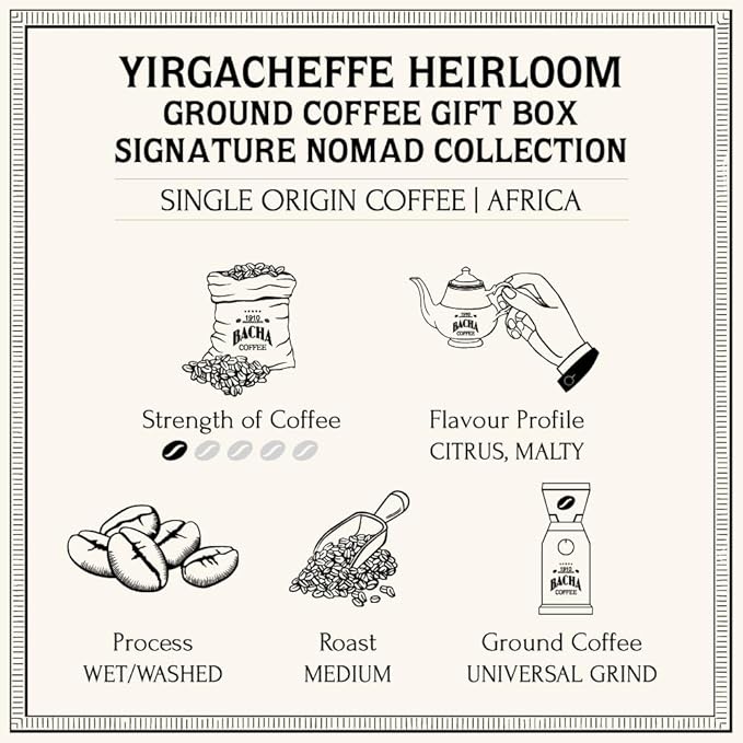Bacha Coffee | Yirgacheffe Heirloom Single Origin Ground Beans Medium Roast 100% Arabica Specialty Coffee 250g Signature Nomad Collection Gift Box