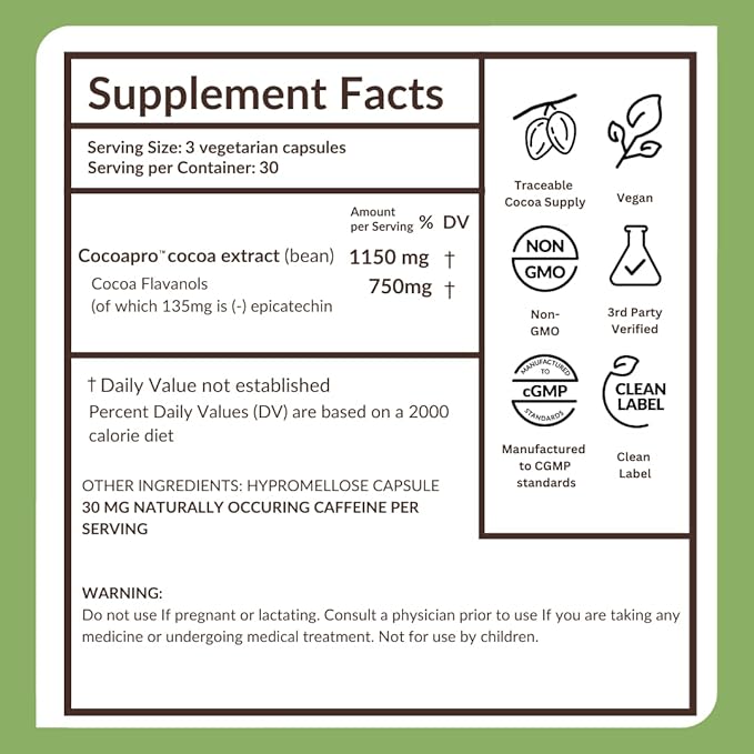 CocoaVia Ultra 750mg Cocoa Flavanols – Heart &amp Brain Support Memory &amp Blood Circulation Booster High Flavanol Cocoa for Nitric Oxide Energy &amp Oxygen Boost Vegan Gluten-Free 60-Day Su