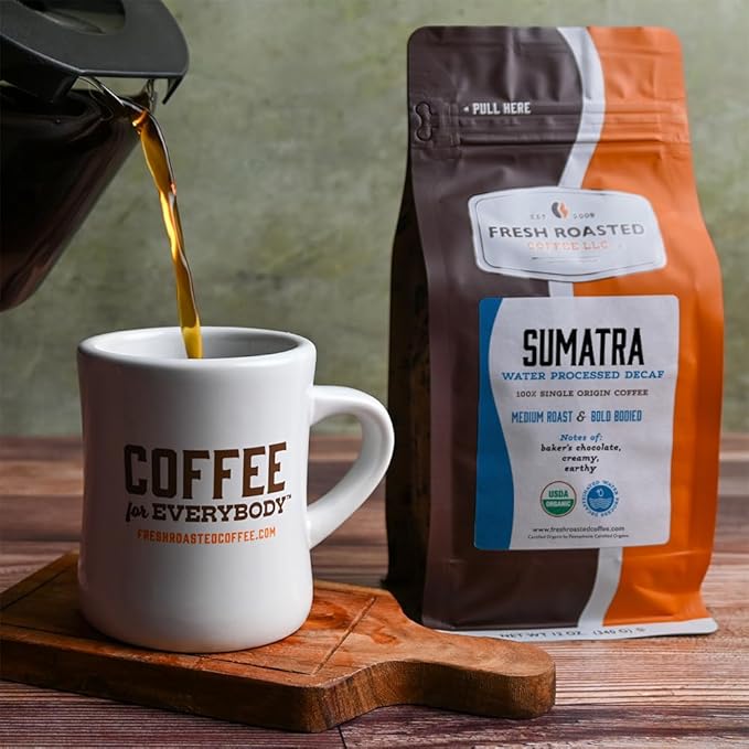 Fresh Roasted Coffee Organic Sumatra Water-Processed Decaf | 100% Single Origin USDA Kosher | Medium Roast 12 oz Whole Bean