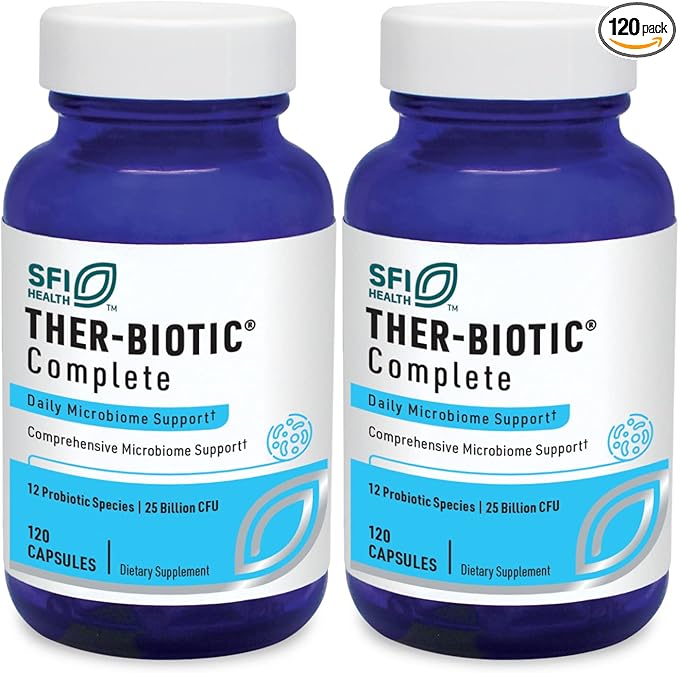 Klaire Labs SFI Health Ther-Biotic Complete - 25 Billion CFU Gut Probiotics for Women and Men - Hypoallergenic 12 Strain Probiotic Capsules for Digestive Health and Immune Support (120 ct 2 Pack)