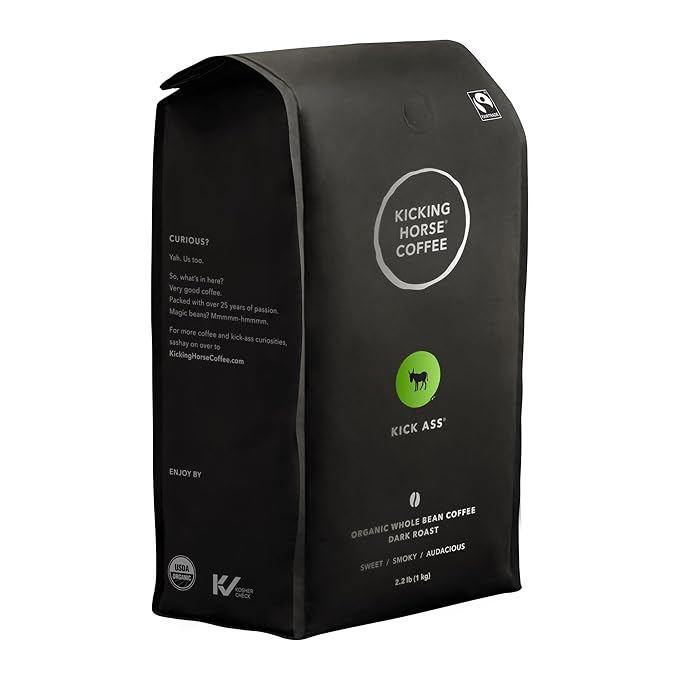 Kicking Horse Coffee Kick Ass Dark Roast Whole Bean Certified Organic Fairtrade Kosher Coffee 2.2 Lb 35.2 Ounce
