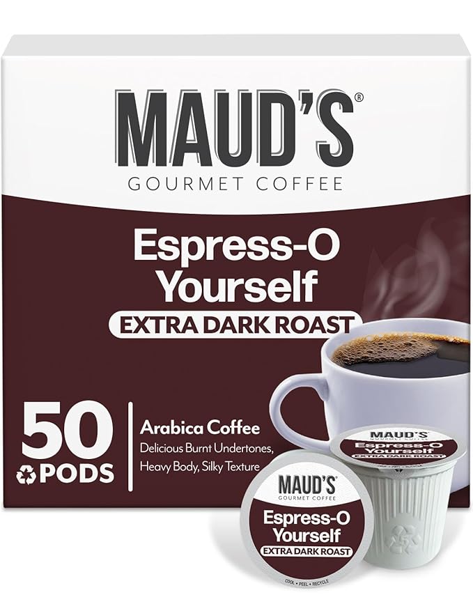 Maud's Espresso Roast Coffee Pods 50ct Dark Roast Coffee in Single Serve Pods – 100% Arabica Coffee Compatible with Keurig K Cups Maker