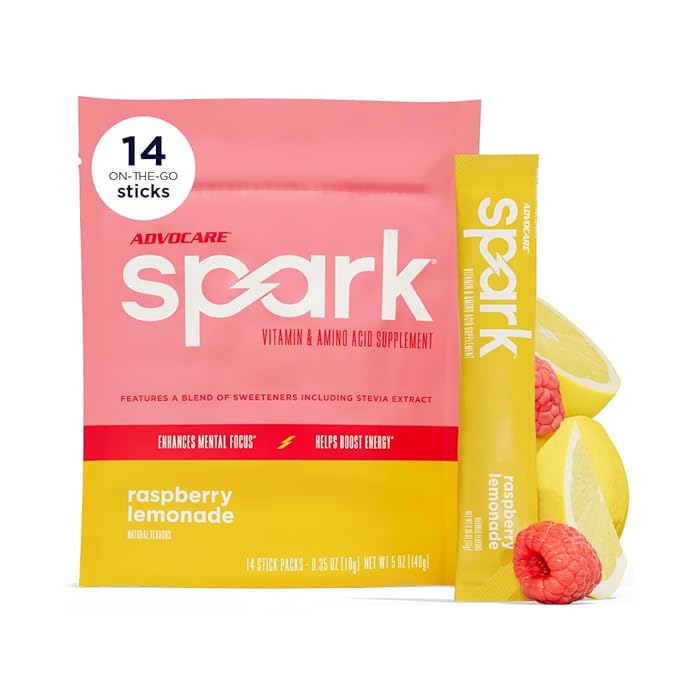 AdvoCare Spark Vitamin &amp Amino Acid Supplement - Sugar-Free Focus &amp Energy Drink Powder with Vitamins A C E &amp B-12 - Raspberry Lemonade 14 Stick Packs