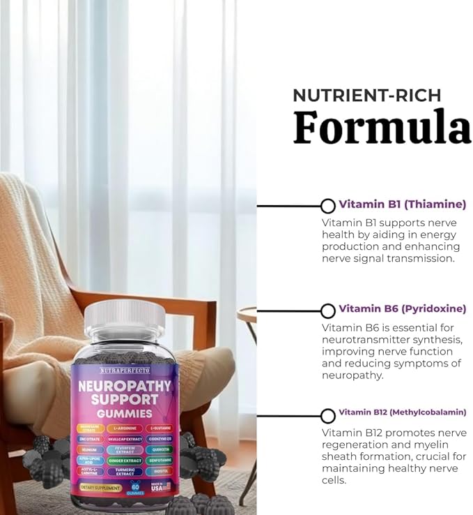 Sugar Free Neuropathy Support Gummies for Nerve – Enhanced Nerve Health Regeneration Cognitive Support with Vitamin B1 B6 B12 Magnesium ALA Turmeric CoQ10 &amp More