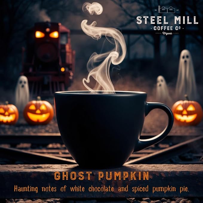 Steel Mill Coffee Co. Ghost Pumpkin Spice Ground Coffee 2 LB Bag | Seasonal Fall Coffee with White Chocolate &amp Pumpkin Pie Notes | Medium Roast 100% Arabica Sugar-Free