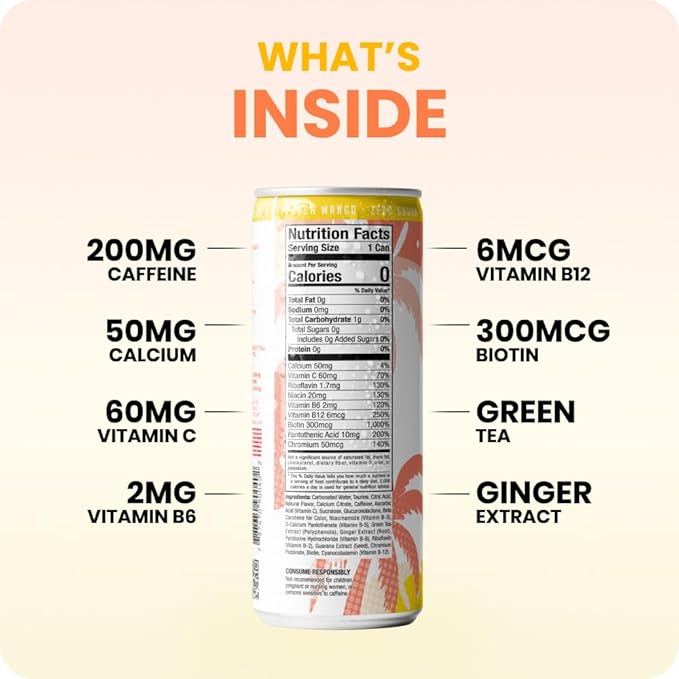 FitTea Healthy Energy Drink 12 Fl Oz - Peach Mango Pre Workout Sparkling Refresher (12 Pack) Natural Green Tea Energy Drinks Sugar Free