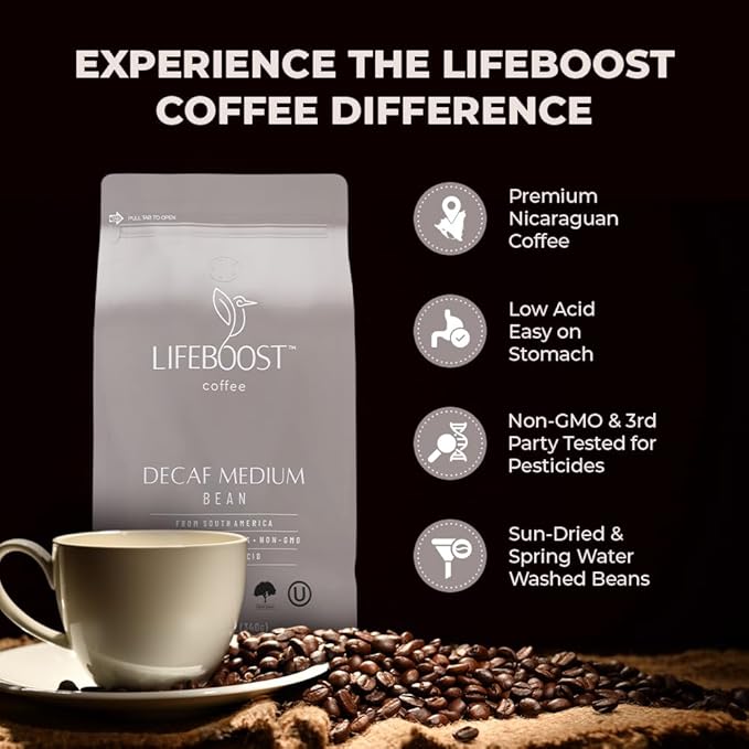 Lifeboost Medium Roast Swiss Water Decaf Whole Bean Coffee - Low Acid Organic Decaf Coffee Non-GMO USDA Organic Single Origin Third-Party Tested for Mycotoxins &amp Pesticides - 12 oz Bag