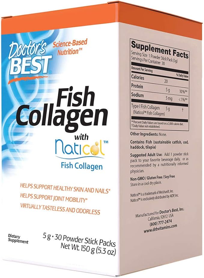 Doctor's Best Fish Collagen w/Naticol Fish Collagen Supports Skin Nails Joints 30 Powder Stick Pack
