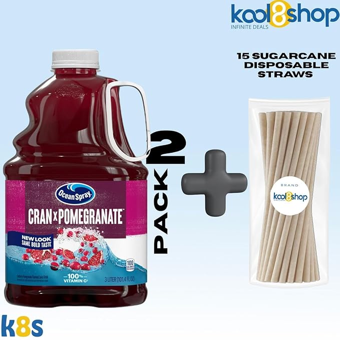 Ocean Spray Cran Pomegranate Juice Drink 101.4 fl oz Plastic Bottles 2 Pack + 15 Sugarcane Disposable Straws by KOOL8SHOP Infinite Deals