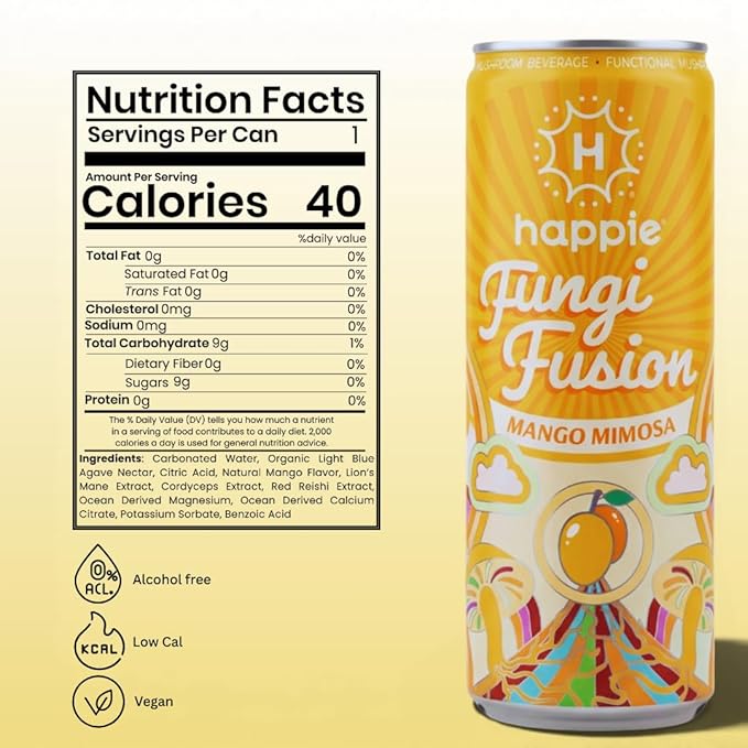 Happie Fungi Fusion Mango – Sparkling Adaptogen Drink with Lion’s Mane Cordyceps &amp Red Reishi – Plant-Based Nootropic 40 Calorie Zero Sugar Added Vegan Functional Soda Alternative (6 pack)