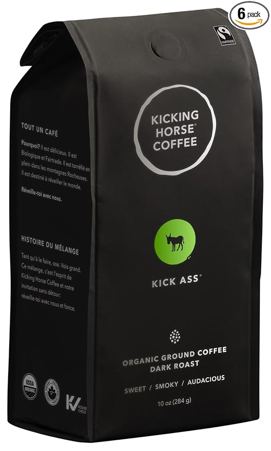 Kicking Horse Coffee Kick Ass Dark Roast Ground Certified Organic Fairtrade Kosher Black 284 g Pack of 6