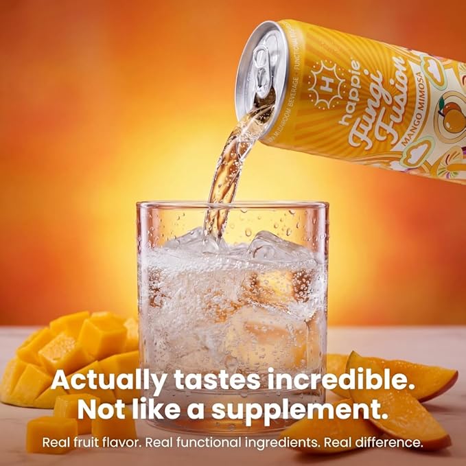 Happie Fungi Fusion Mango – Sparkling Adaptogen Drink with Lion’s Mane Cordyceps &amp Red Reishi – Plant-Based Nootropic 40 Calorie Zero Sugar Added Vegan Functional Soda Alternative (6 pack)