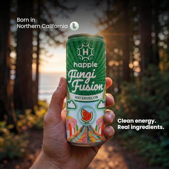 Happie Fungi Fusion Watermelon – Sparkling Adaptogen Drink with Lion’s Mane Cordyceps &amp Red Reishi – Plant-Based Nootropic 40 Calorie Zero Sugar Added Vegan Functional Soda Alternative (6 pack