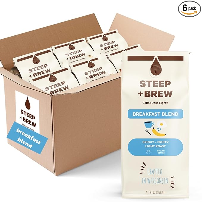 STEEP + BREW Breakfast Blend Coffee | Premium Arabica Light Roast Coffee | Ground | Light Roast | 10 oz | PACK OF 6