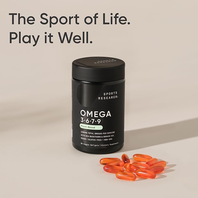 Sports Research® Vegan Omega 3-6-7-9 - 1200 mg of Multi-Spectrum Omega Fatty Acids Certified Non-GMO Formula with Sea Buckthorn &amp Borage Oil - 90 Veggie Softgels