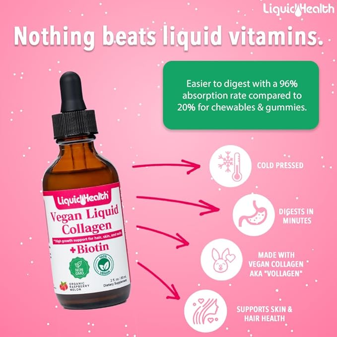 LIQUIDHEALTH Vegan Liquid Collagen Plus Biotin &amp Liquid Chlorophyll Dropper Bundle - Hair &amp Nail Growth Skin Health Internal Deodorizer Stops Bad Breath Reduces Appetite - USA Made Vegan