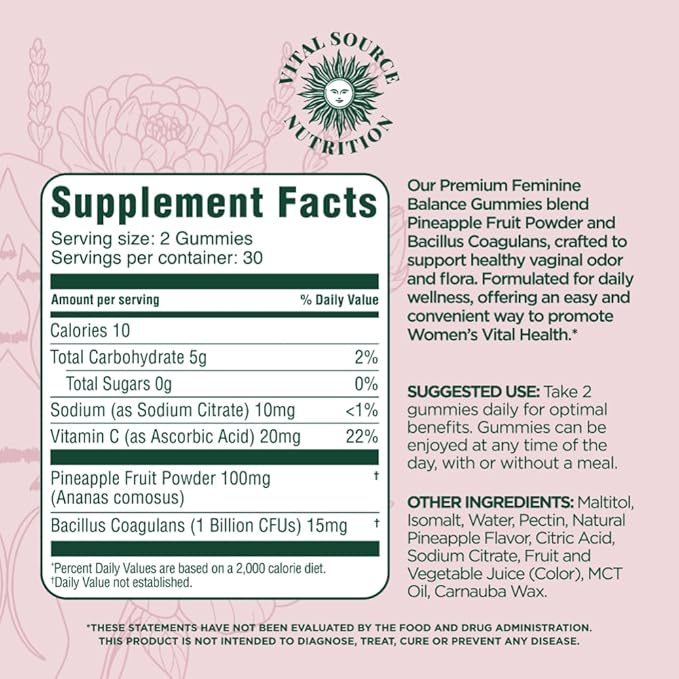 Vital Source Nutrition Vaginal Probiotic Gummies for Women - pH Balance and Immune Defense Support Healthy Odor and Vaginal Flora - Vegan Gluten-Free - Hawaiian Pineapple - 60 Gummies - 30 Servings