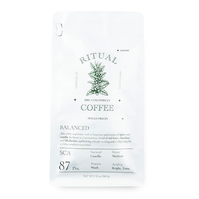 Ritual Specialty Coffee - Colombian Single Origin Ground Coffee Low Acid Balanced SCA 87+ Score (Chocolate Red Fruits Blueberry) Medium Roast 12oz (340g) 100% Arabica Castillo