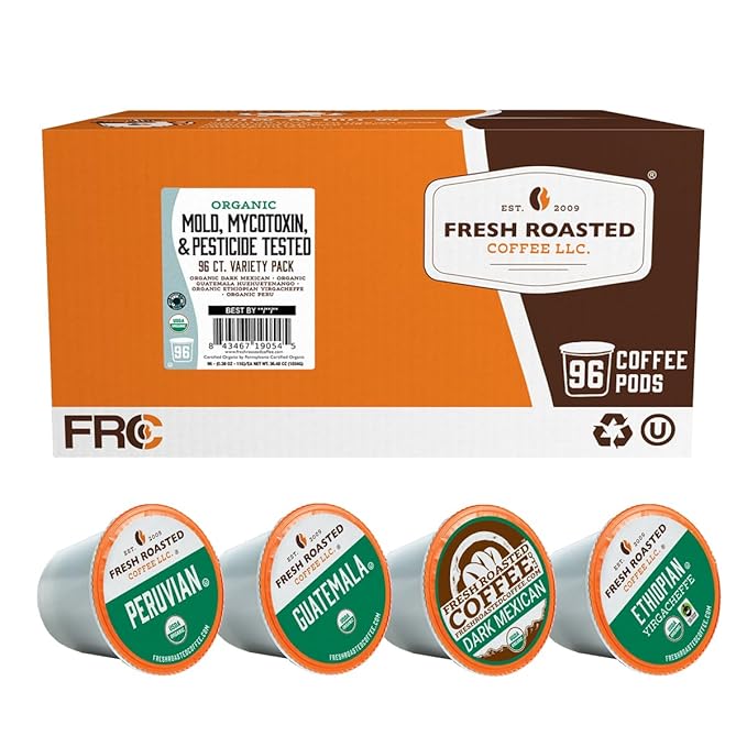 Fresh Roasted Coffee Organic Mold &amp Mycotoxin 3rd Party Tested Variety Pack | USDA Organic Kosher | K-Cup Compatible 96 Pods