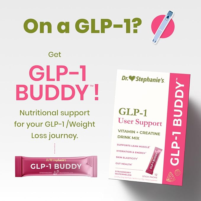 Dr. Stephanie's GLP-1 Buddy Pair with GLP-1 Boosters for Best Results - Digestive Support Preserve Lean Muscle Replenish Vitamins - Strawberry Watermelon Drink Mix