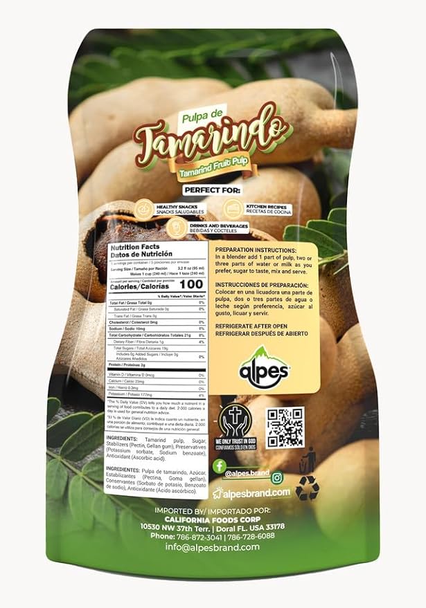 Alpes Premium Tamarind Pulp 100% Real Fruit Tropical Tamarindo. Ideal for Cocktails Juices Smoothies Desserts Gourmet Sauces Ice creams &amp Snacks 1 Pack 16 fl oz.