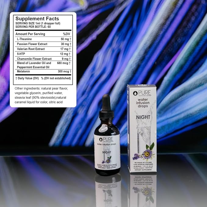 Pure Inventions Night - Pear Flavored Water Infusion Drops - No Sugar Calories or Artificial Sweeteners - 60 Servings - 2oz